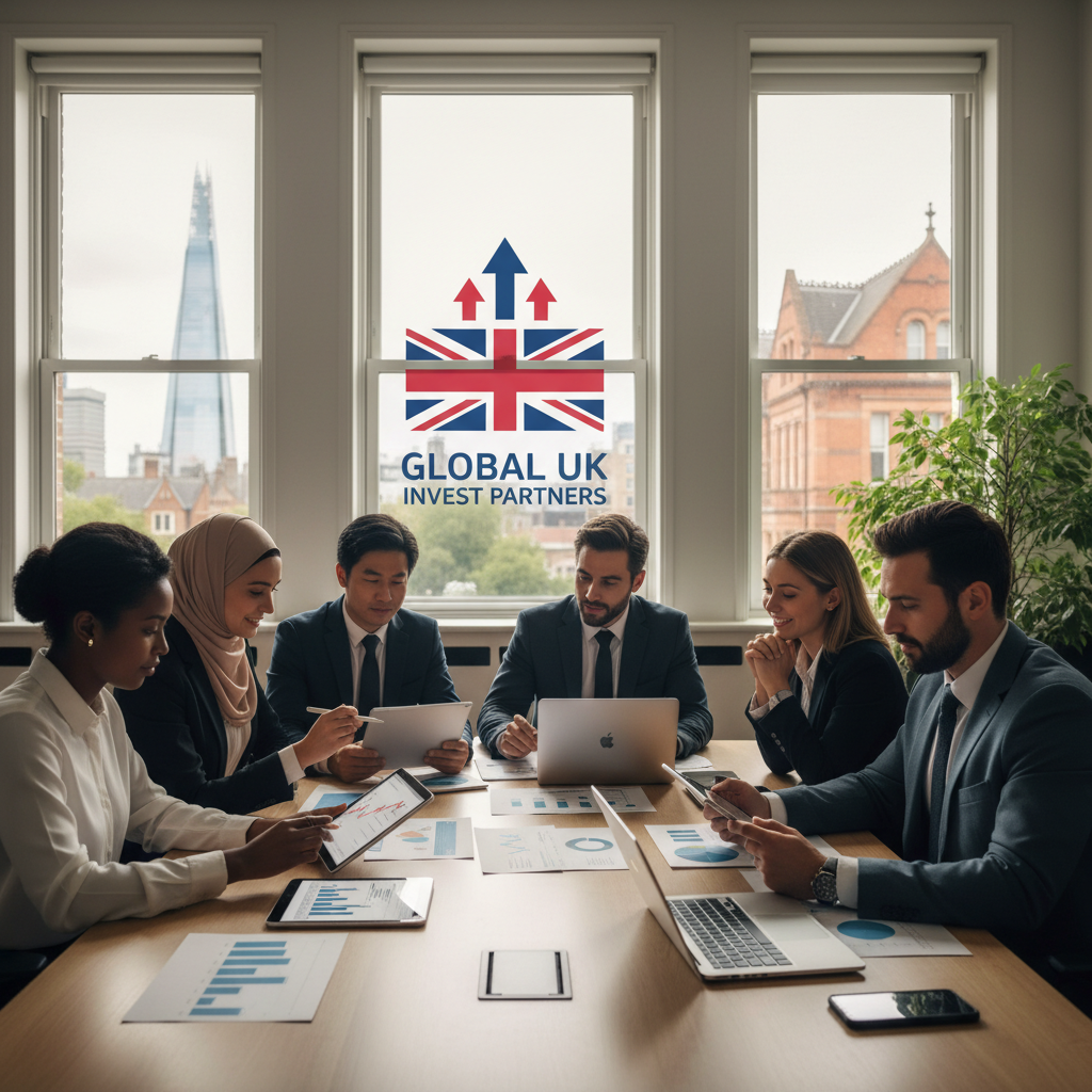A diverse group of business professionals from different global backgrounds reviewing financial charts and data on digital tablets and laptops in a modern, light-filled office space, symbolizing international investment in the UK market. The scene should be professional and forward-looking, with a subtle British architectural element visible through a window.