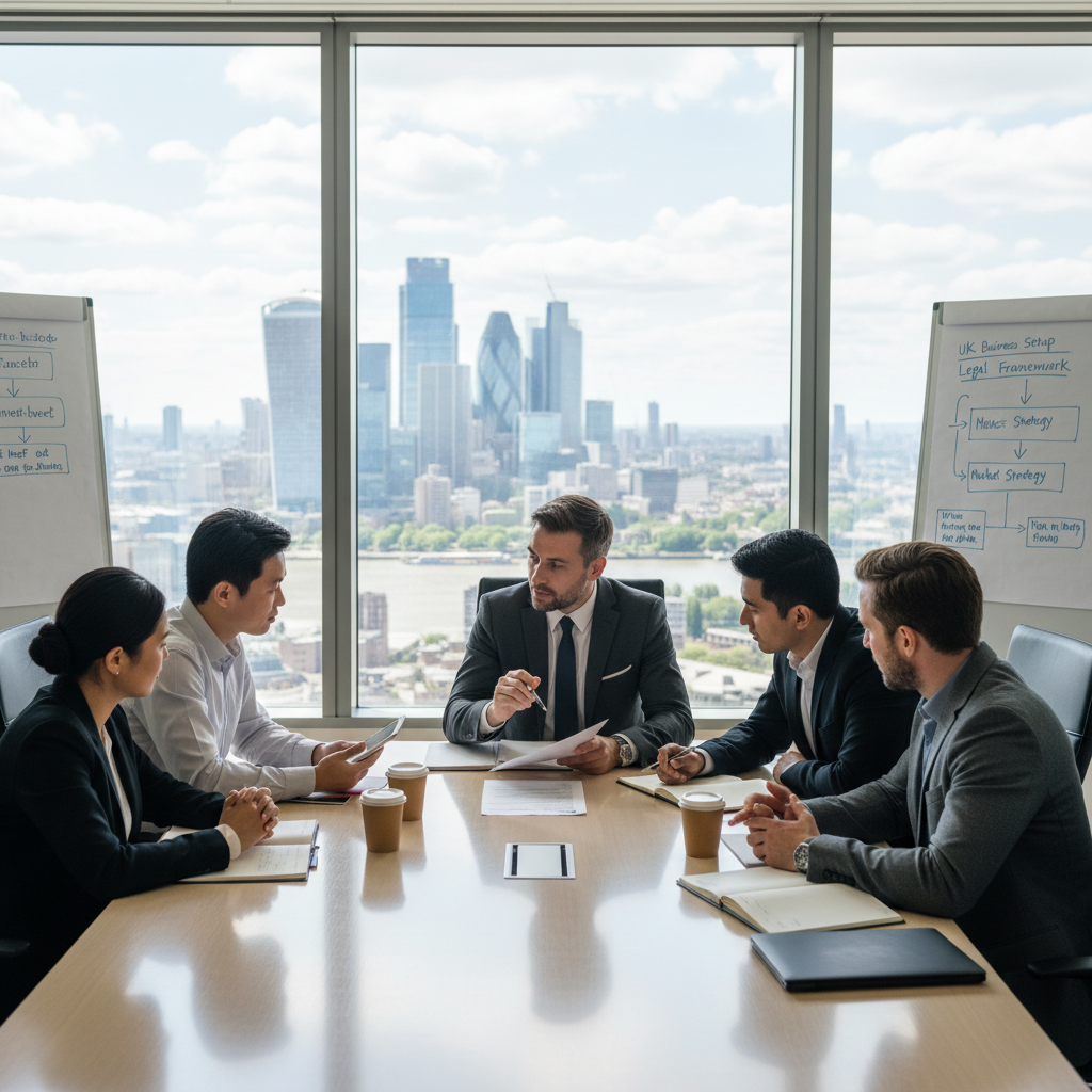 A professional, diverse group of expat entrepreneurs in a modern, brightly lit office setting, engaged in a discussion with a UK legal advisor holding documents. The scene should convey a sense of collaborative legal consultation and strategic planning for business setup in the UK, with city views in the background.