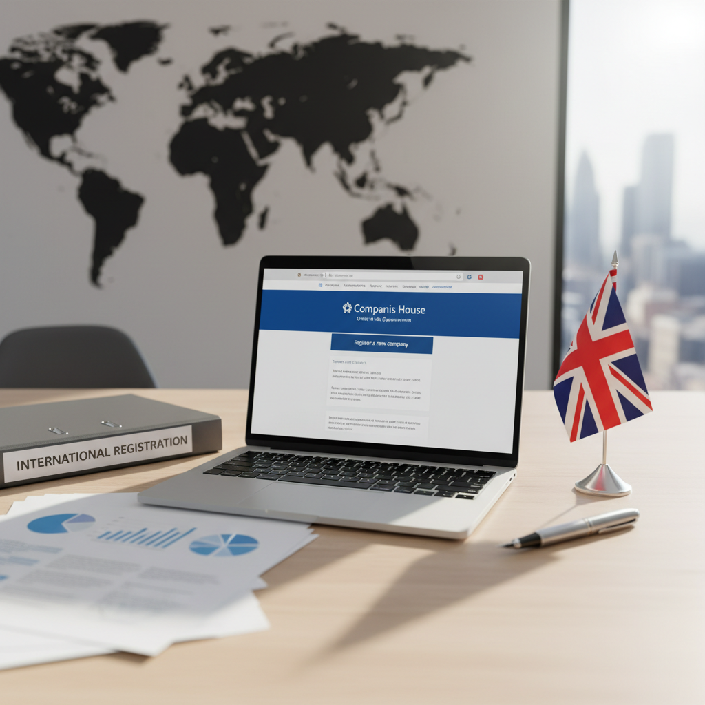 A high-angle, professional shot of a modern office desk with a laptop displaying the Companies House website. Next to it are a British flag miniature, a pen, and a stack of business documents, symbolizing the efficiency and global nature of UK company registration for non-residents.