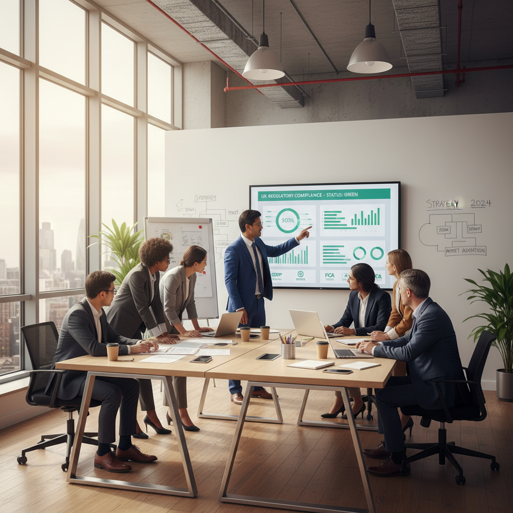 A diverse team of business professionals, including expats, collaboratively working in a modern, sunlit UK office. One person points to a digital dashboard showing compliance metrics, while others review documents and discuss strategies, illustrating successful navigation of UK regulations.