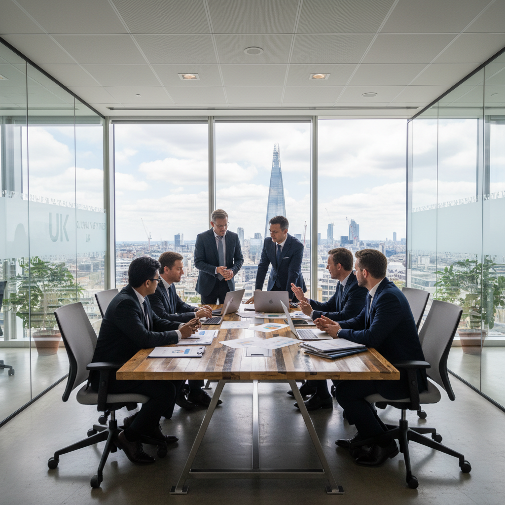 A diverse group of business professionals from various backgrounds collaborating in a modern, bright office space in London, with city skyline visible through a large window. They are using laptops and discussing financial documents, representing successful expat business operations in the UK.