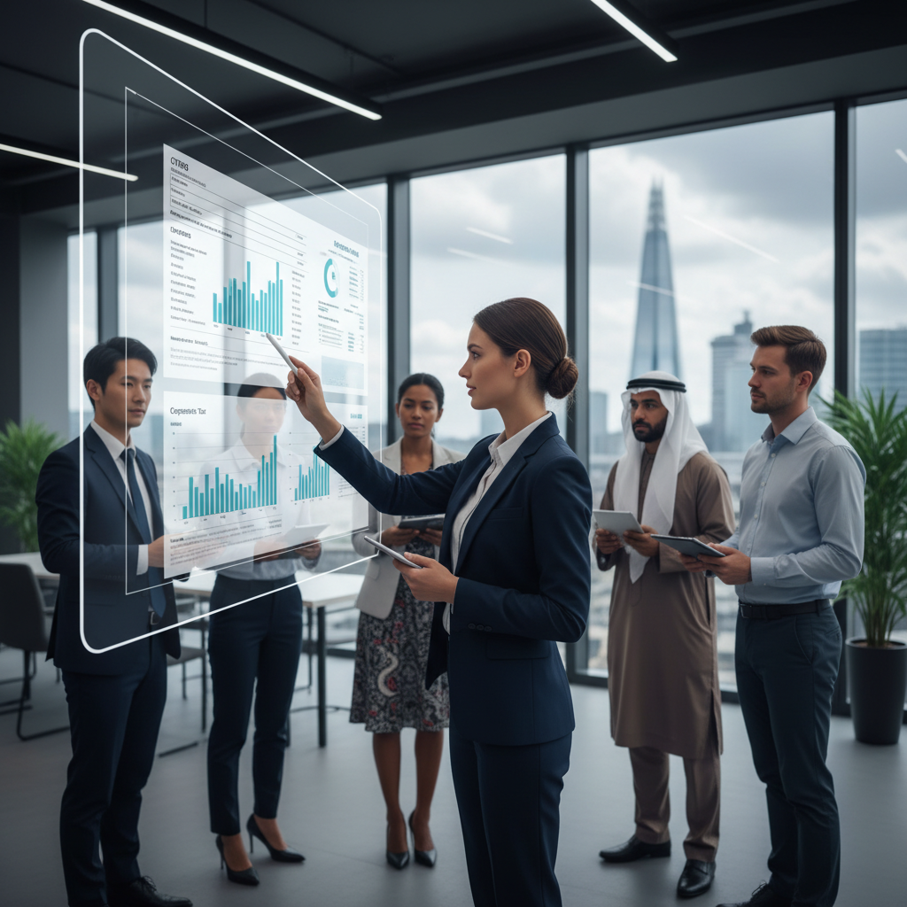A detailed, photorealistic image of a professional financial advisor pointing to a digital screen displaying complex tax forms and charts, with a diverse group of international business people in the background, set in a modern UK office environment. The scene should convey clarity and professional guidance amidst intricate tax regulations.