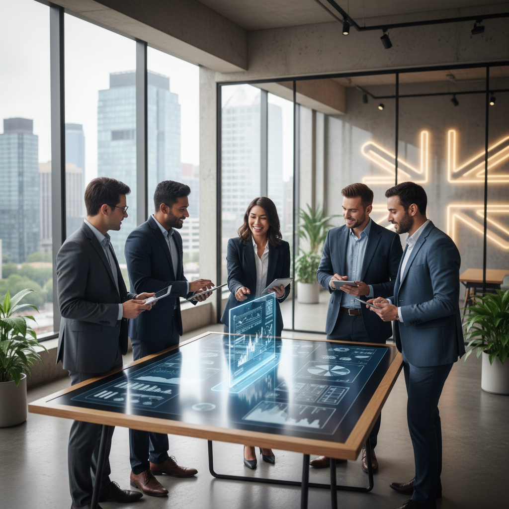 A professional, diverse group of entrepreneurs in a modern, well-lit office discussing a business plan, with a focus on innovation and collaboration. The atmosphere is dynamic and forward-thinking, with a subtle British flag in the background.