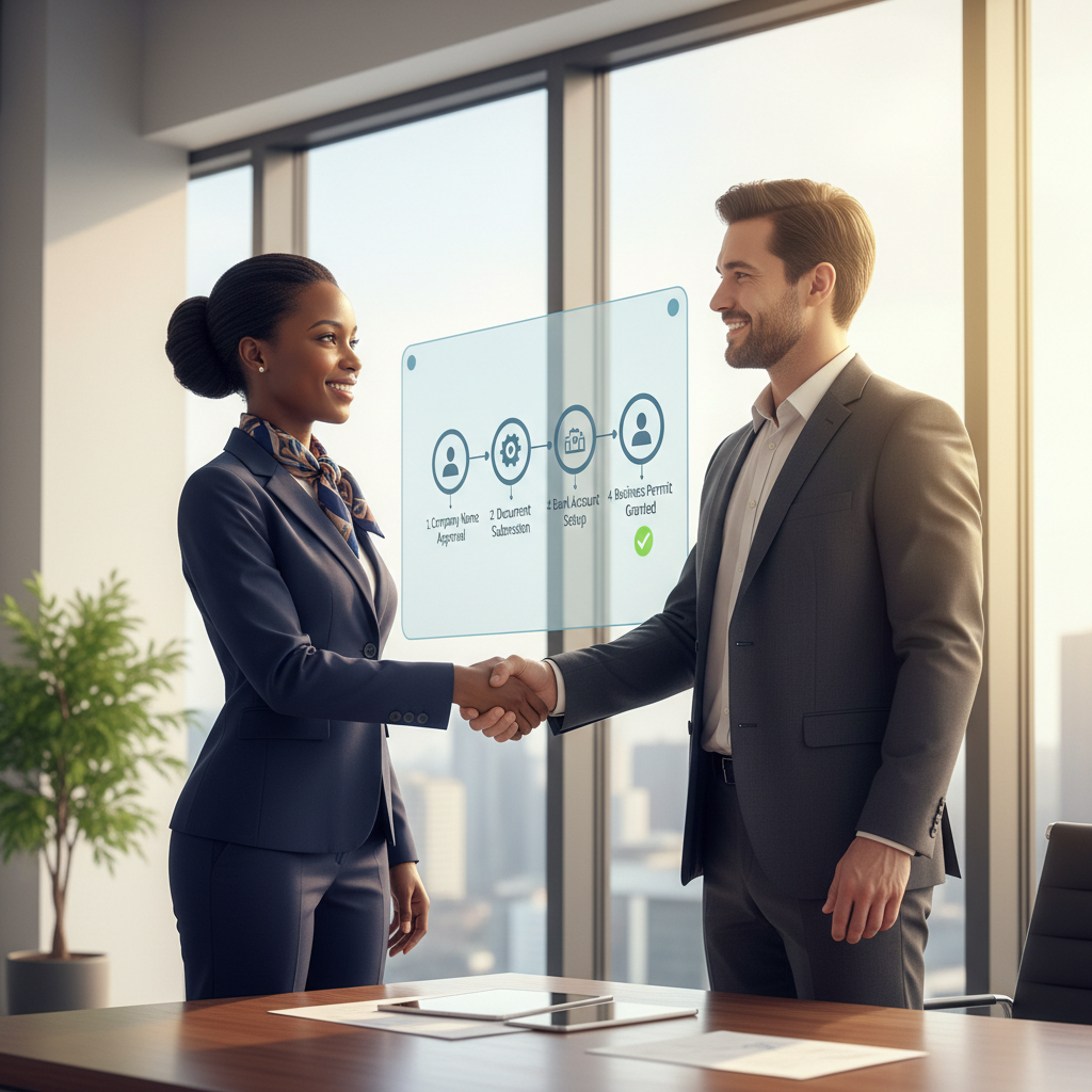 A professional expat entrepreneur, a man or woman of diverse background, confidently shaking hands with a UK business consultant in a modern, sunlit office. Behind them, a digital interface shows a simplified timeline of business registration steps, symbolizing smooth setup. The scene should convey trust, professionalism, and ease of doing business.