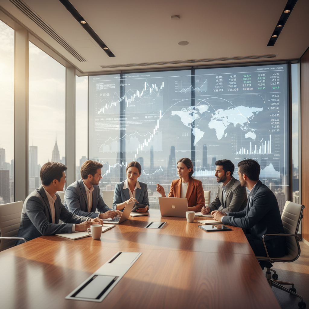A diverse group of business professionals from various backgrounds collaborating in a modern, light-filled office setting with a digital interface showing global market data in the background, symbolizing international business and connectivity.