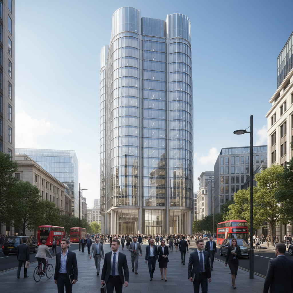 A detailed, photorealistic image of a modern, sleek office building in a bustling UK city center (e.g., London, Manchester), with diverse business professionals in smart attire walking confidently towards the entrance. The sky is clear, reflecting the vibrancy of a thriving business hub.