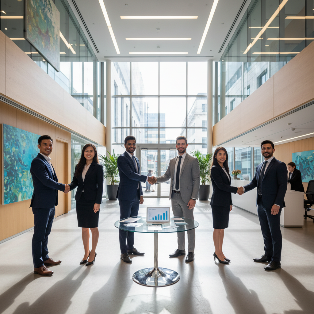 A professional, diverse group of expat entrepreneurs shaking hands and smiling in a modern, light-filled UK office building lobby, symbolizing successful business partnerships and networking. The setting is bright and inviting, reflecting growth and opportunity.