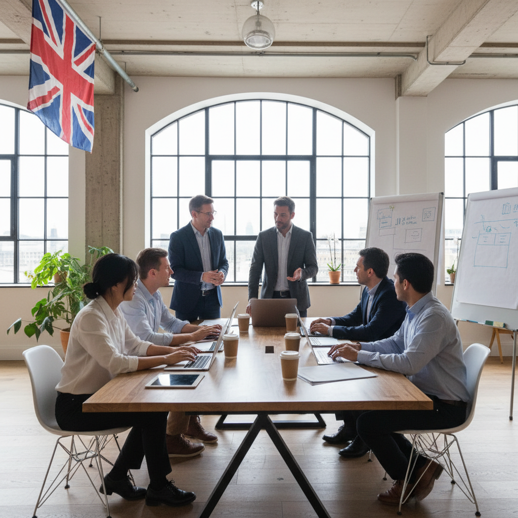 A diverse group of entrepreneurs from around the world collaboratively working on a startup project in a modern, light-filled co-working space in London, with a visible Union Jack flag subtly in the background.