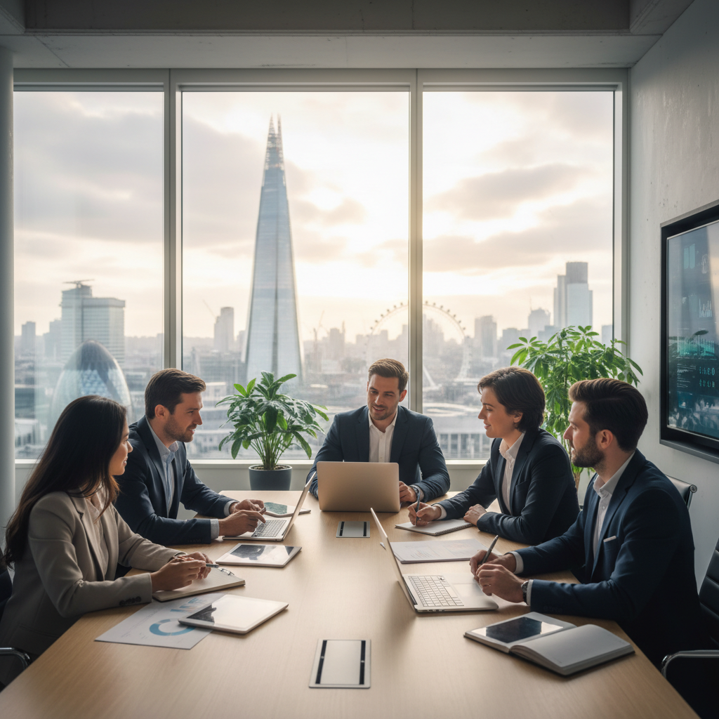 A diverse group of international business professionals in a modern, bright office setting, collaborating around a table with laptops and documents, subtly showing London city skyline in the background, high-resolution and professional.