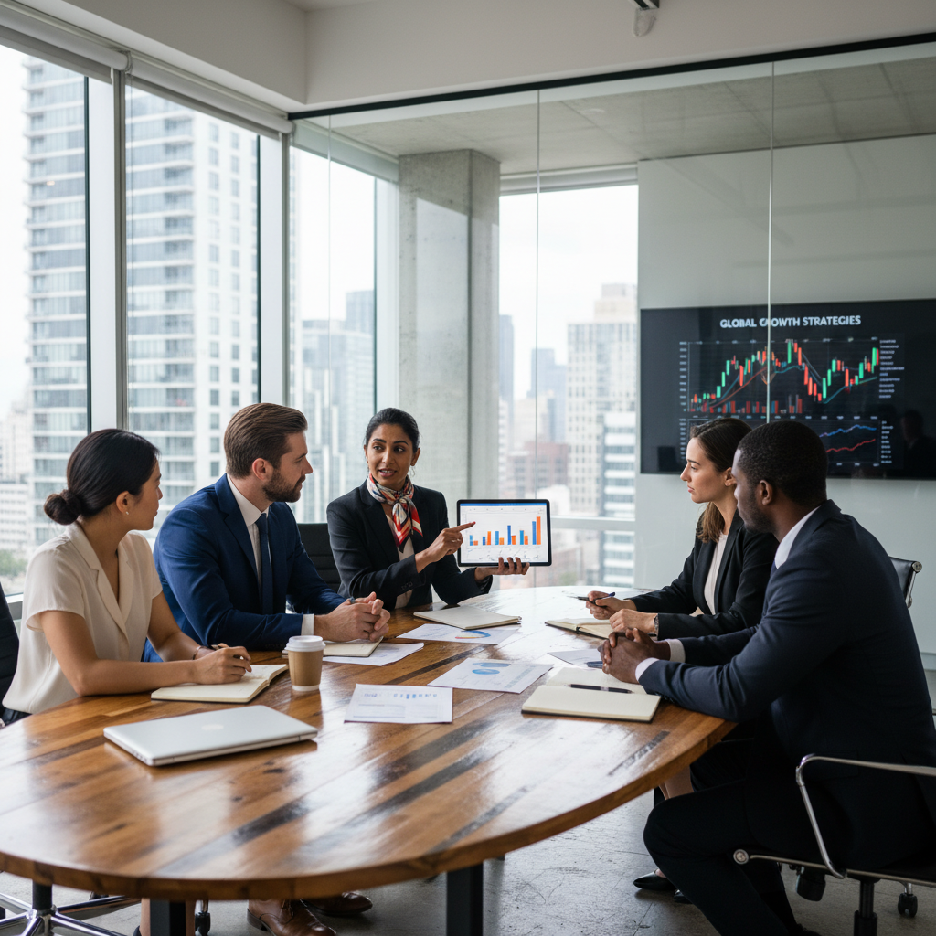 A diverse group of professionals in a modern, light-filled office setting, gathered around a large table. One woman, a financial advisor, is pointing to a digital tablet displaying charts and figures, explaining complex financial strategies to a male expat business owner and his team. The scene conveys a sense of collaboration, expertise, and focused discussion on business growth and financial planning.